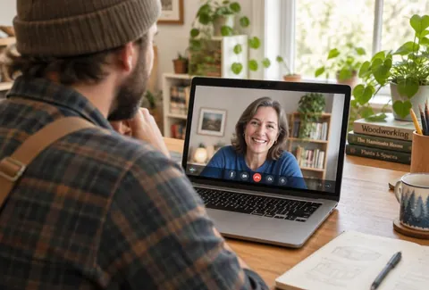Videotermin mit Handwerker am Laptop