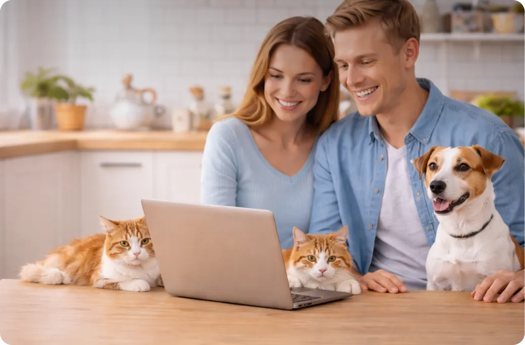 Lächelndes Paar mit Hund und zwei Katzen sitzt gemeinsam an einem Laptop in der Küche